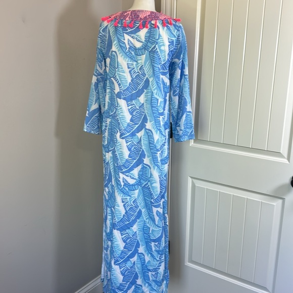 Sail to Sable Blue Banana Leaf Print Maxi Dress Blue White Tassel Vneck XS NEW - Picture 5 of 8